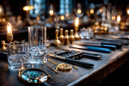 Closeup of various tools and glasses on an antique wooden tableの写真素材
