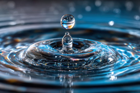 A delicate water droplet creates ripples as it falls into a tranquil blue pool, showcasing exquisite details.の写真素材