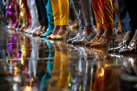 Shiny, colorful shoes line up against a glossy surface, showcasing vibrant fashion trends at a lively event.の写真素材