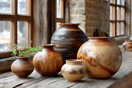 Five ceramic vases of varying sizes and colors sit on a rustic wooden windowsillの写真素材