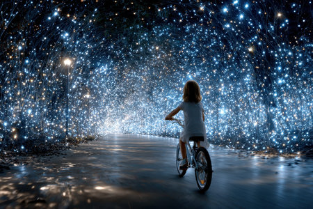 A young child cycles through a stunning tunnel decorated with twinkling lights, creating a dreamlike atmosphere.の写真素材