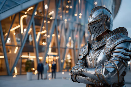 A knight wearing elaborate metallic armor stands proudly outside a contemporary structure as dusk settles.の写真素材