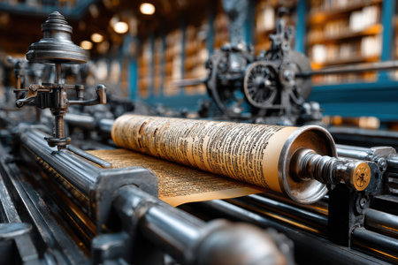 Close-up view of a vintage printing press in a historical library featuring a manuscript on a paper roll.の写真素材