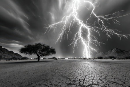 Lightning strikes the dry, cracked earth of a desert landscape at nightの写真素材