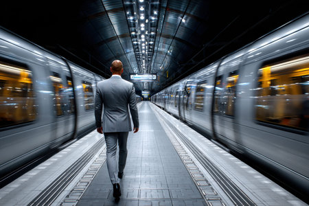 A businessman in a suit walks along a subway platform at night as trains arrive and depart nearby.の写真素材