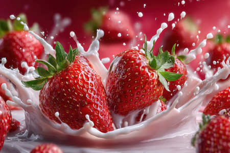 Ripe red strawberries splash into a pool of creamy milkの写真素材