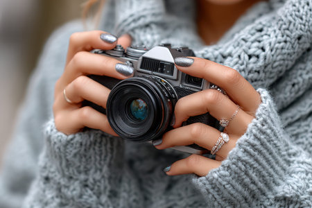 A young woman with manicured nails is ready to take photos with her classic camera in a cozy outdoor setting.の写真素材