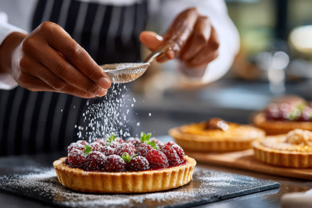 A skilled pastry chef carefully sprinkles powdered sugar over a vibrant fruit tart, highlighting its freshness.の写真素材