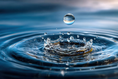 A high-speed shot of a drop of water hitting the surface of a calm lake, using a macro lens to capture the moment of impact and the mood of tranquilityの写真素材
