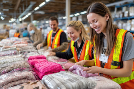 Engaged volunteers in safety vests sort through stacks of donated clothing to prepare for distribution.の写真素材