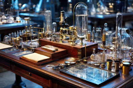A detailed view of an antique laboratory showcasing various glass containers and tools on a wooden table.の写真素材