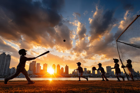 Silhouetted children enjoy a game of baseball as the sun sets over the skyline of a city.の写真素材