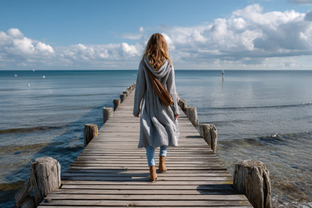 A woman strolls along a rustic wooden pier leading to calm waters on a clear day.の写真素材