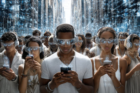 People dressed in white outfits engage with their devices while wearing virtual reality headsets in a busy city.の写真素材