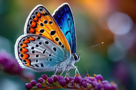 Brightly colored butterfly rests on a flower, showing its intricate wings while enjoying the warm afternoon.の写真素材