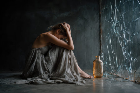 A woman sits on the floor, cradling her head in despair, next to a glass jar reflecting soft light.の写真素材