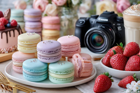 A table setting with colorful macarons, strawberries, a cakeの写真素材