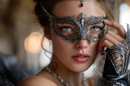 A woman in a decorative mask and exquisite outfit poses gracefully, capturing the essence of a masquerade celebration.の写真素材