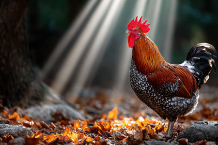 A vibrant rooster with striking feathers stands in a serene forest clearing, surrounded by autumn leaves.の写真素材
