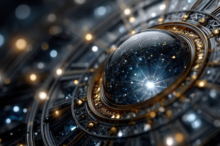 A glowing cosmic sphere is showcased, surrounded by ornate patterns and twinkling lights in a dark setting.の写真素材