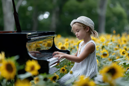 A child sits at a grand piano in a field filled with bright sunflowers, enjoying a beautiful summer day.の写真素材