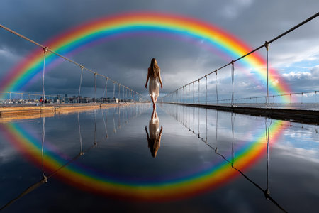 A young woman in a white dress strolls along a boardwalk, reflecting the stunning rainbow overhead after rain.の写真素材