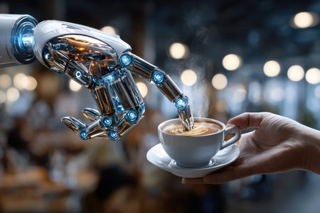 A futuristic robot hand delicately pours coffee into a cup while a human hand reaches out to receive it in a cafe.の写真素材