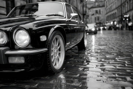A monochrome shot of a classic car parked on a wet, cobblestone street, taken with a 50mm lens to evoke a sense of nostalgia and melancholyの写真素材
