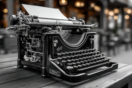 A vintage black typewriter sits on a wooden table in a blurred cafe settingの写真素材