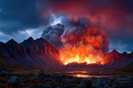 A volcano erupts with glowing lava and smoke under a dramatic twilight skyの写真素材