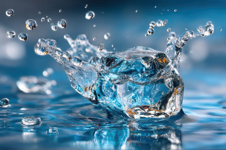 Water splashes dynamically with droplets on a blue backgroundの写真素材