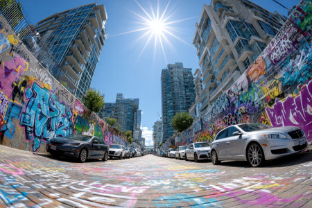 Cars parked along a graffiti-covered alleyway between tall buildingsの写真素材