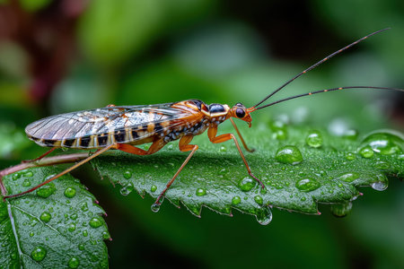 A colorful insect rests on a green leaf covered in water dropletsの写真素材