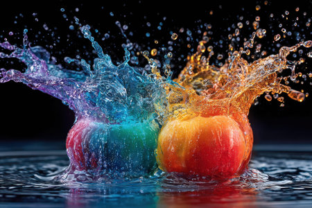 Two apples with colorful water splashing on them against a dark backgroundの写真素材