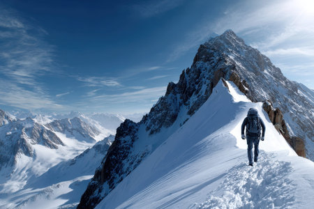 A solitary climber makes progress along a narrow snowy ridge in a stunning mountain range under clear skies.の写真素材