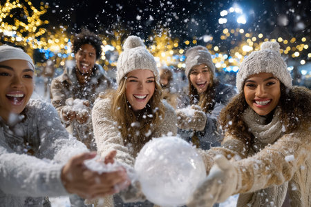 Group of friends playfully throwing snowballs at each other during a winter night filled with lights.の写真素材