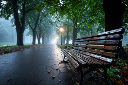 Empty wooden park bench along a misty path lined with treesの写真素材