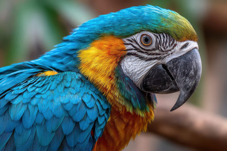 A closeup of a blue and gold macaw parrotの写真素材