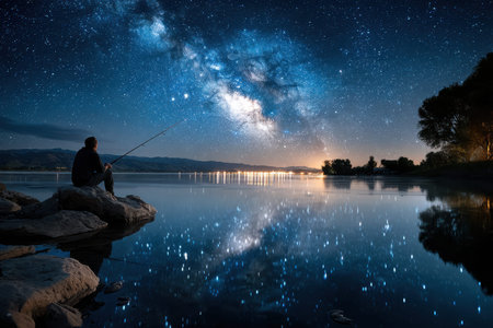 A person sits on rocks by a calm lake, fishing while gazing at the stunning Milky Way overhead.の写真素材