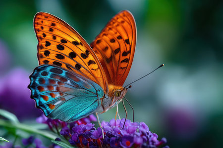 A colorful butterfly with intricate patterns rests on a vibrant purple flowerの写真素材