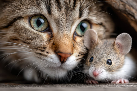 A cat gazes at a small mouse, creating a moment of unexpected connection outdoors in nature.の写真素材