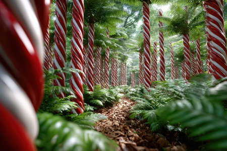 A whimsical forest with towering candy cane trees surrounded by vibrant ferns and a leafy path.の写真素材