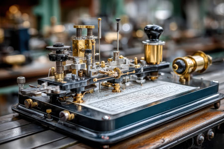 This telegraph machine showcases meticulous craftsmanship and engineering from a bygone era with brass elements.の写真素材