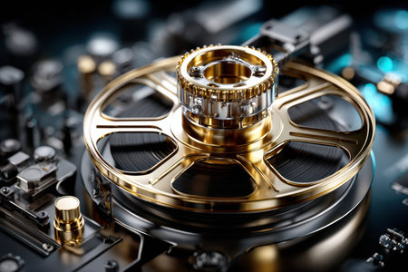 A detailed close-up showcases a golden reel atop a sleek audio device, highlighting the craftsmanship and technology.の写真素材