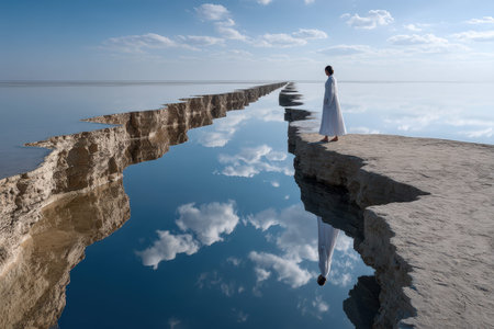 A person dressed in white stands on the edge of a salt flat, gazing into the calm reflective water under the sky.の写真素材