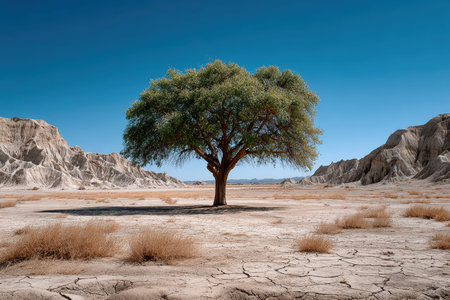 A solitary tree thrives in a barren terrain, framed by rugged mountains and a bright blue sky.の写真素材