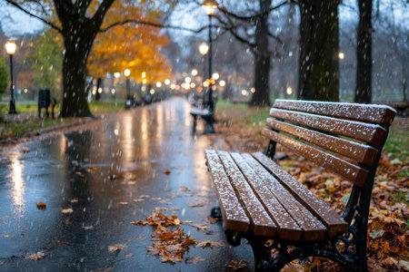 Empty park bench covered with snow on a rainy autumn dayの写真素材