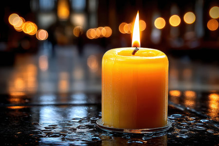 A lit candle sits on a wet surface, reflecting the blurred lights of a churchの写真素材
