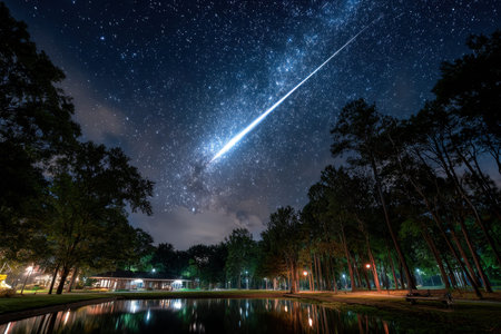 A meteor streaks across a starry night sky over a serene park with trees and a pondの写真素材