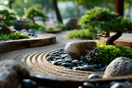 A miniature zen garden with a bonsai tree, sand ripples, and smooth stonesの写真素材
